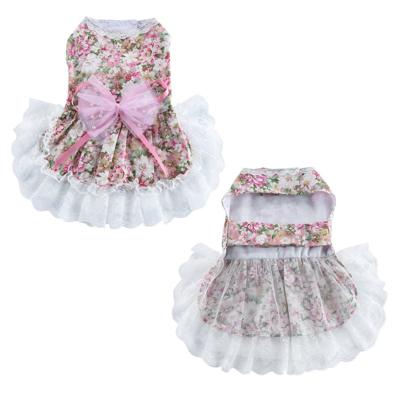 Pet Cat Princess Dress Lace Print Bow Skirts